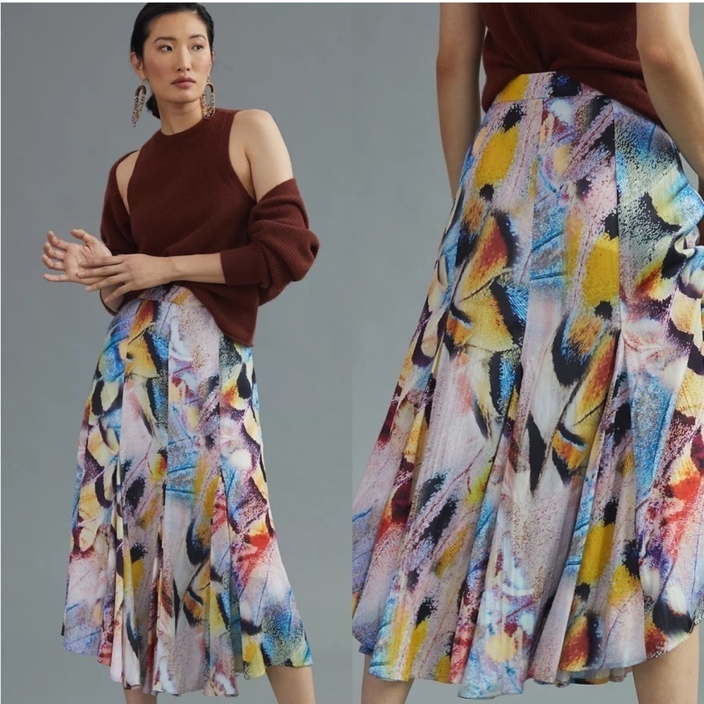NWT Anthropologie Size 00 A-line Midi Skirt Watercolor Side Zip Non-wrinkle $160